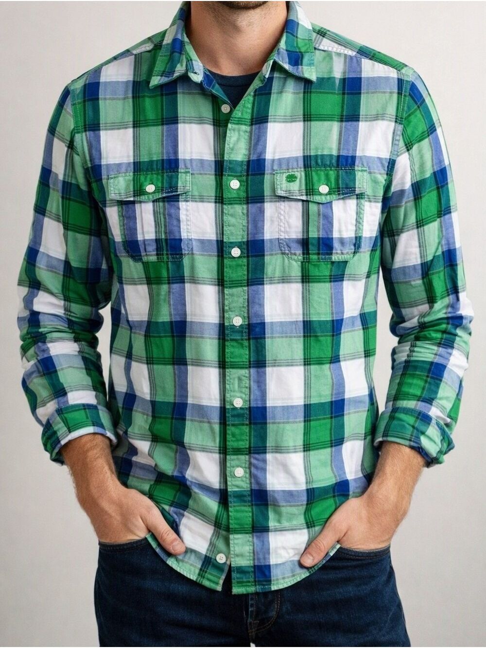 VTG  Mens Timberland Preppy Cabincore Green & Blue Plaid Long-Sleeve Shirt. L